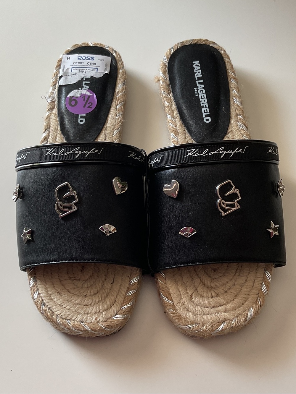Karl Lagerfeld Black Slide Sandals with Metallic Charms